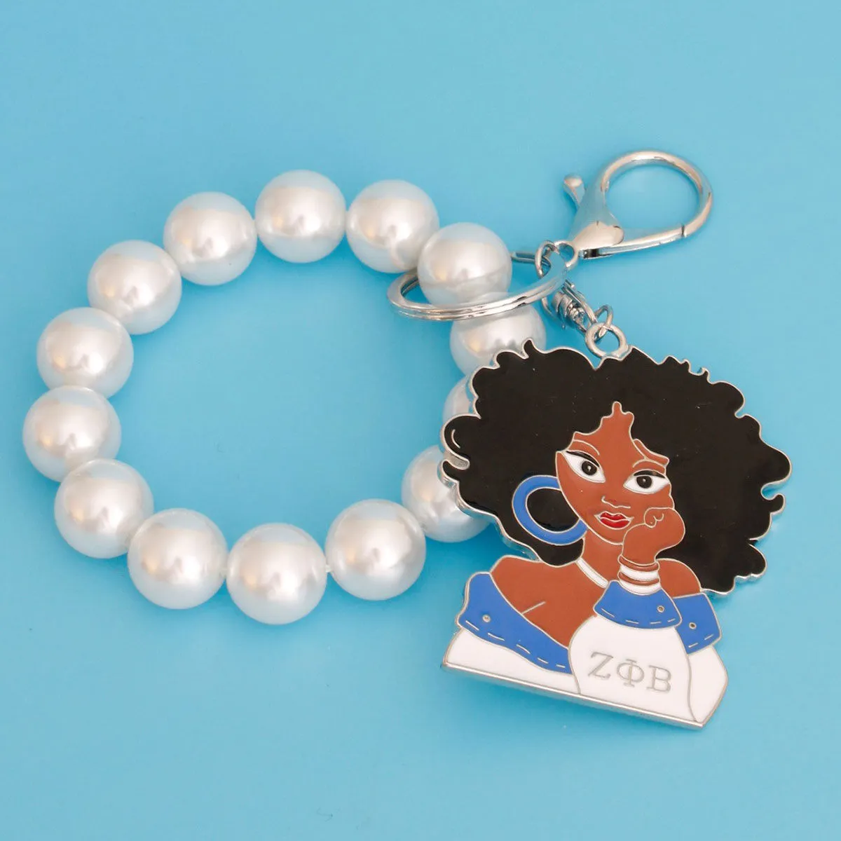 Zeta Phi Beta Keychain Purse Charm Blue White Woman Pearl Keychain